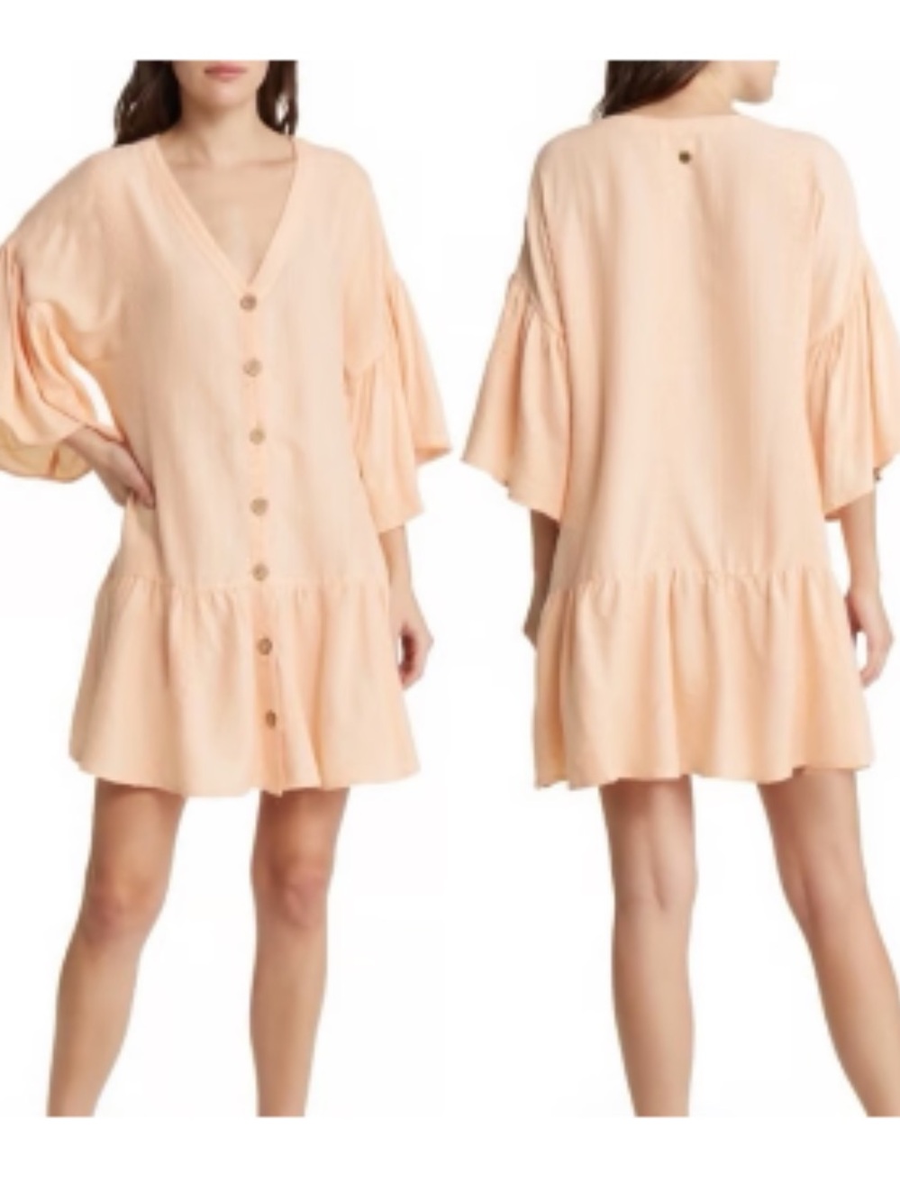 Rip Curl Peach Flutter Sleeves Kokomo Flowy Shift Dress Coastal Boho Woman M